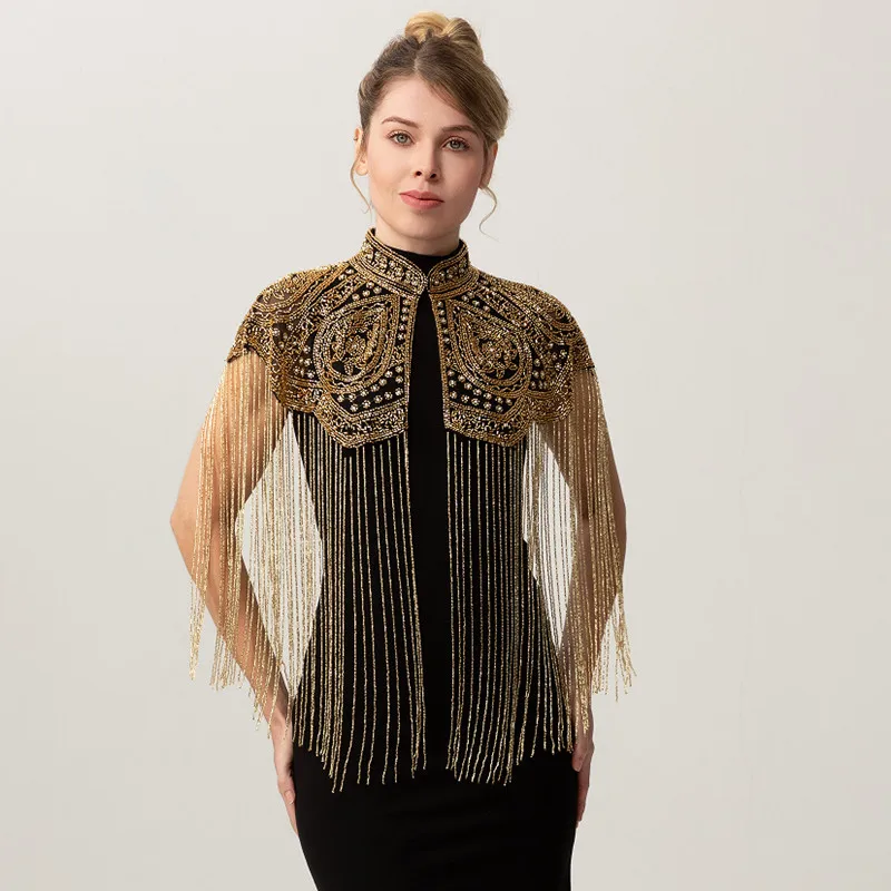 Women Vintage Chinese Style Beaded Shawl Long Tassel Cloud Shoulder Handmade Heavy Beaded Cheongsam Shawl For Catwalk Studio Sho