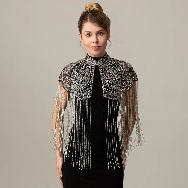 Women Vintage Chinese Style Beaded Shawl Long Tassel Cloud Shoulder Handmade Heavy Beaded Cheongsam Shawl For Catwalk Studio Sho