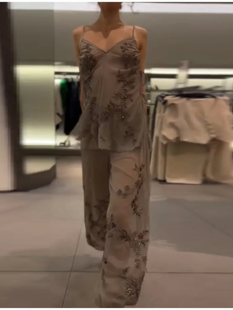 Fashion Sequin Splice Lantern Pants Sets Women Chic Embroidery Mesh Spaghetti Strap Backless Sling Suit New Lady Daily Date Wear