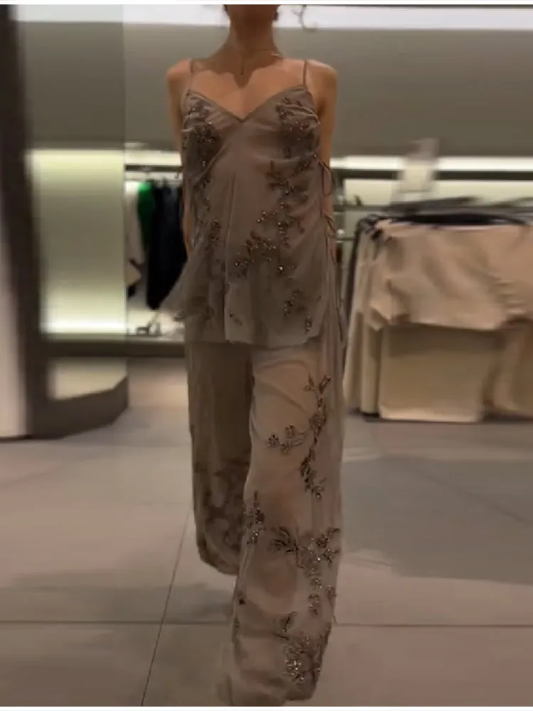 Fashion Sequin Splice Lantern Pants Sets Women Chic Embroidery Mesh Spaghetti Strap Backless Sling Suit New Lady Daily Date Wear