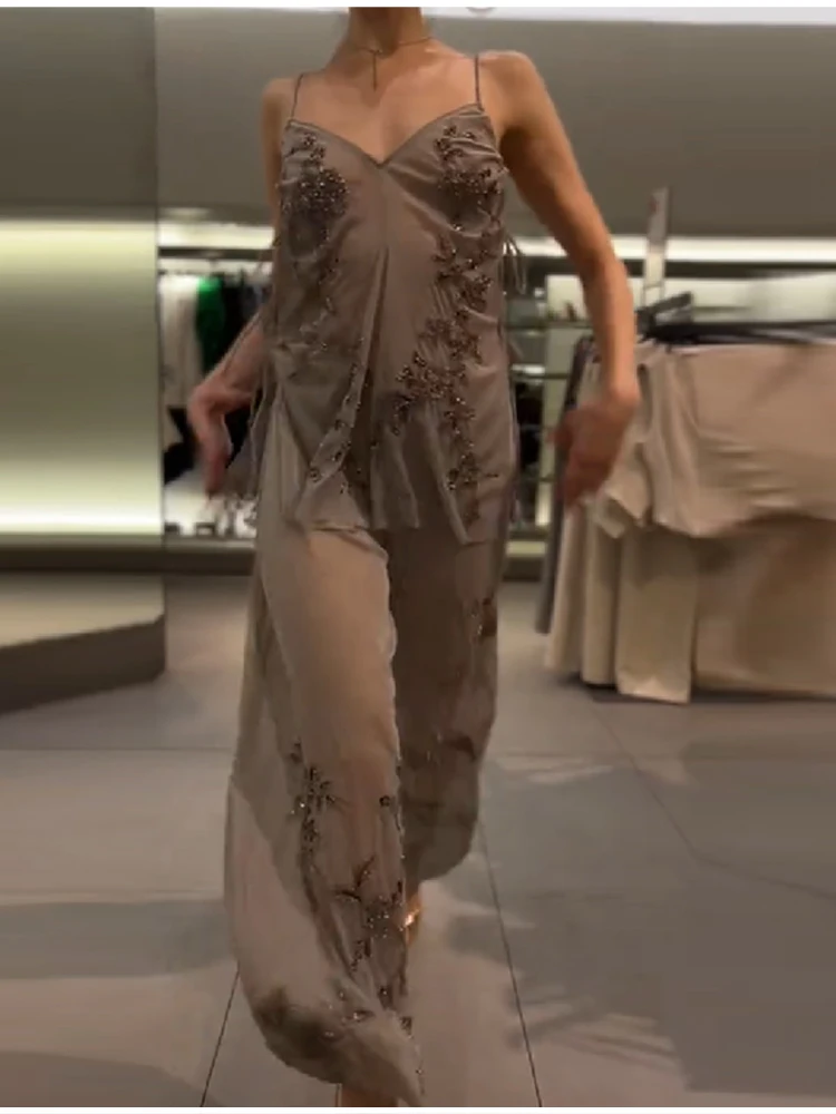 Fashion Sequin Splice Lantern Pants Sets Women Chic Embroidery Mesh Spaghetti Strap Backless Sling Suit New Lady Daily Date Wear