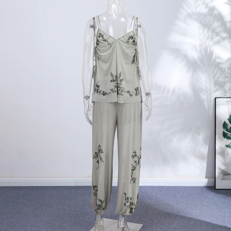 Fashion Sequin Splice Lantern Pants Sets Women Chic Embroidery Mesh Spaghetti Strap Backless Sling Suit New Lady Daily Date Wear