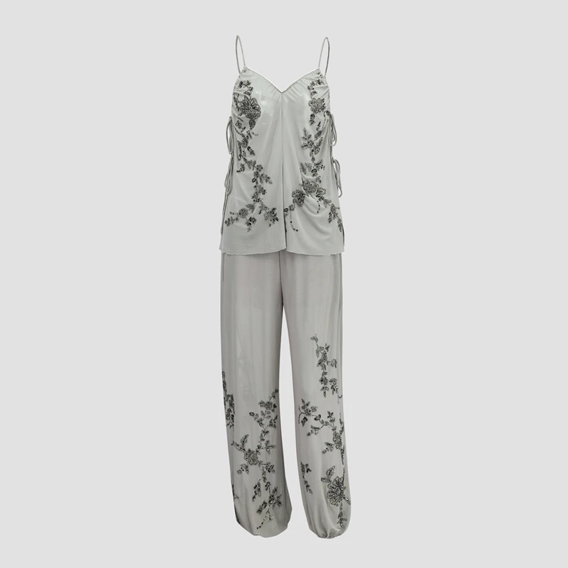 Fashion Sequin Splice Lantern Pants Sets Women Chic Embroidery Mesh Spaghetti Strap Backless Sling Suit New Lady Daily Date Wear