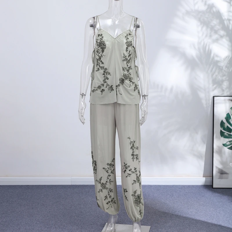 Fashion Sequin Splice Lantern Pants Sets Women Chic Embroidery Mesh Spaghetti Strap Backless Sling Suit New Lady Daily Date Wear
