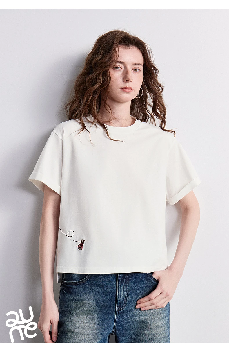 TOYOUTH Women's Cotton Dog Embroidery T-Shirt 2026 Summer New Asymmetric Short Sleeve Tee, Cute Animal Graphic