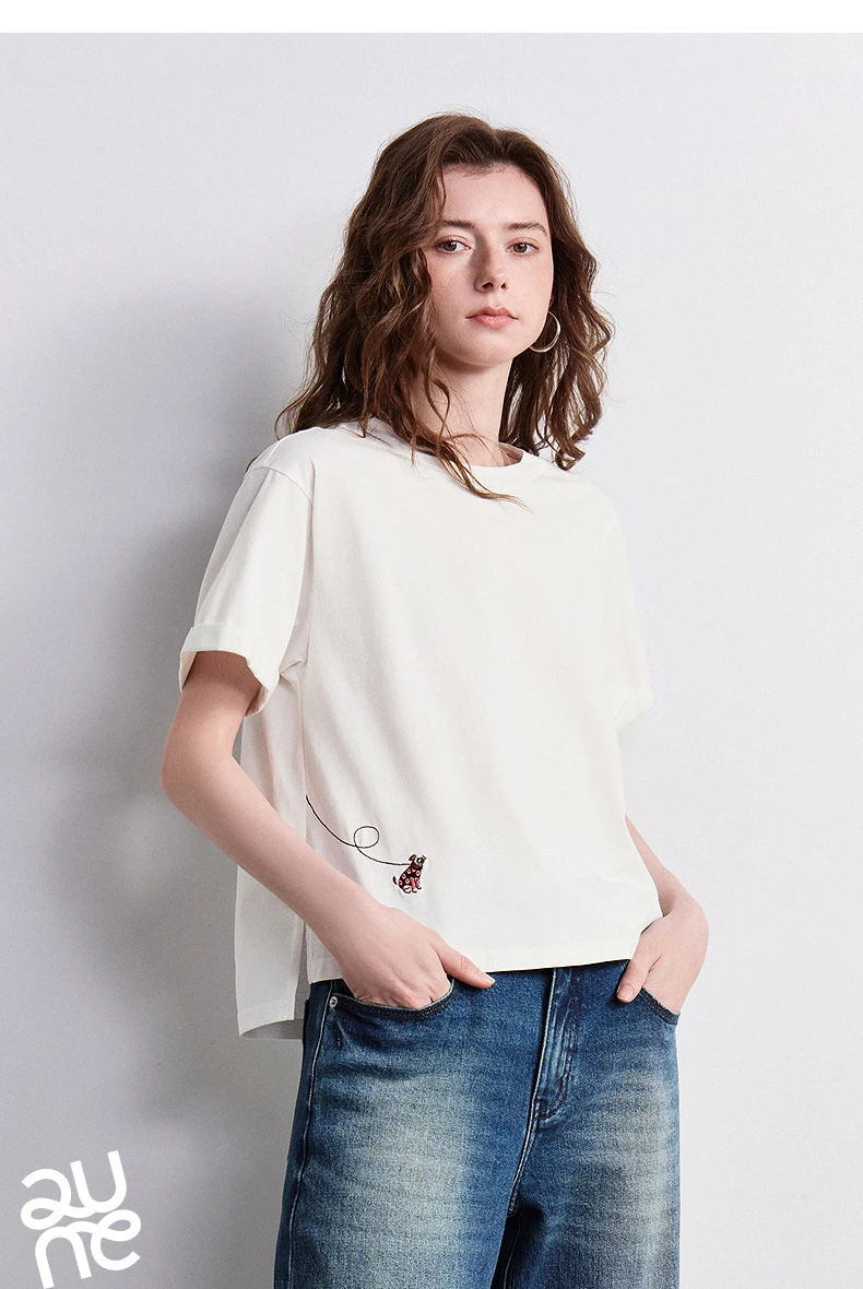 TOYOUTH Women's Cotton Dog Embroidery T-Shirt 2026 Summer New Asymmetric Short Sleeve Tee, Cute Animal Graphic