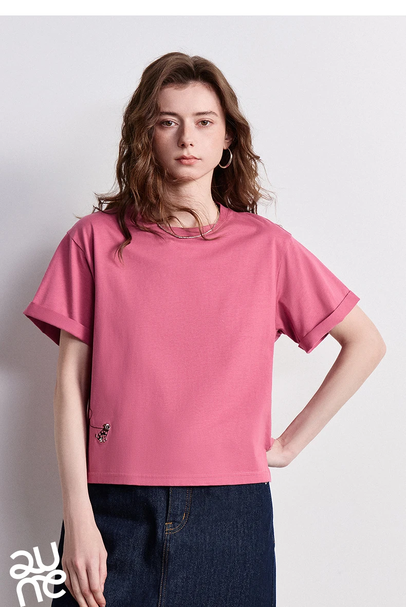 TOYOUTH Women's Cotton Dog Embroidery T-Shirt 2026 Summer New Asymmetric Short Sleeve Tee, Cute Animal Graphic