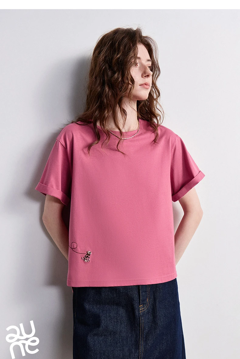 TOYOUTH Women's Cotton Dog Embroidery T-Shirt 2026 Summer New Asymmetric Short Sleeve Tee, Cute Animal Graphic