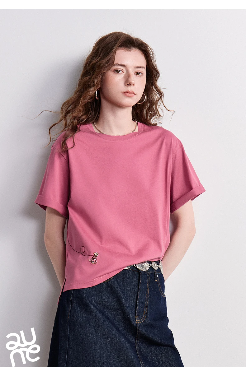 TOYOUTH Women's Cotton Dog Embroidery T-Shirt 2026 Summer New Asymmetric Short Sleeve Tee, Cute Animal Graphic