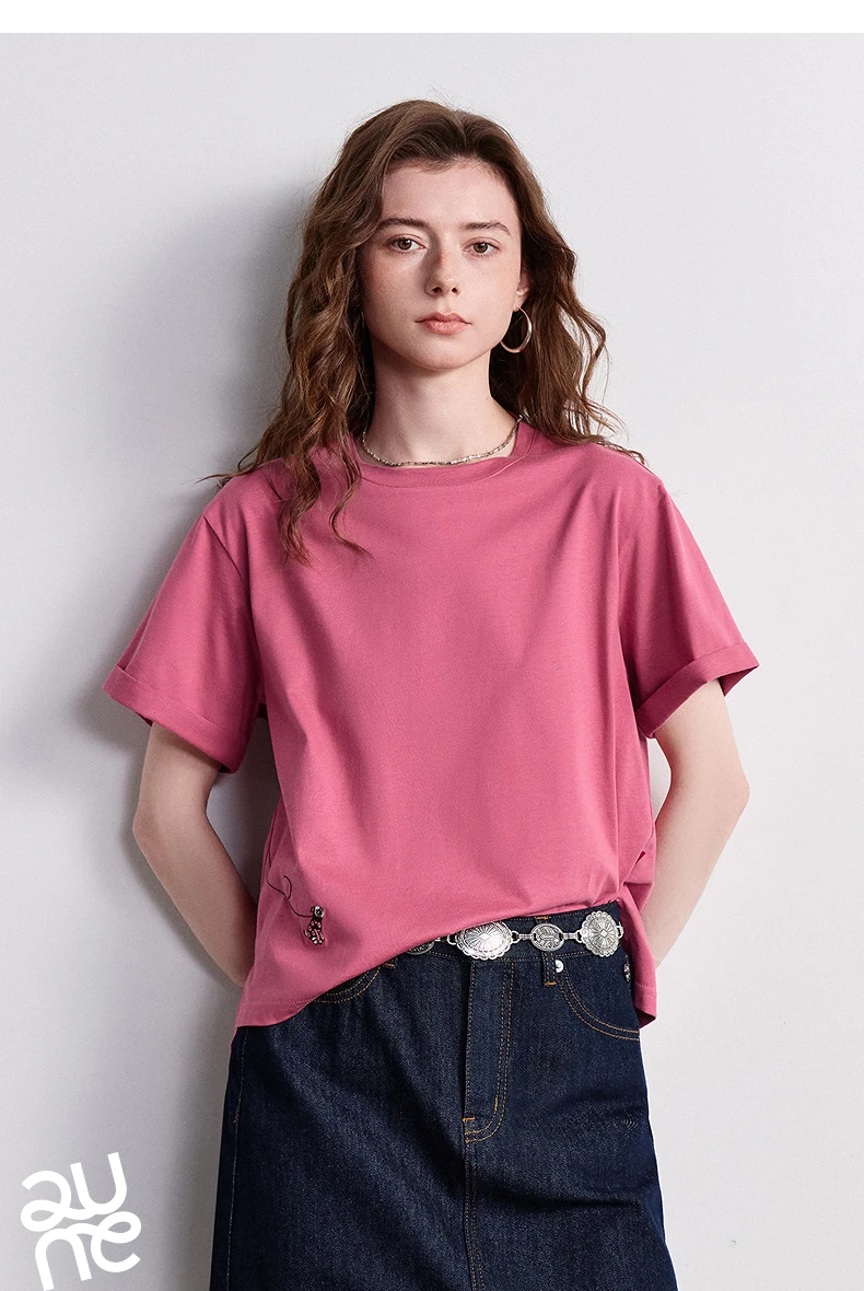 TOYOUTH Women's Cotton Dog Embroidery T-Shirt 2026 Summer New Asymmetric Short Sleeve Tee, Cute Animal Graphic