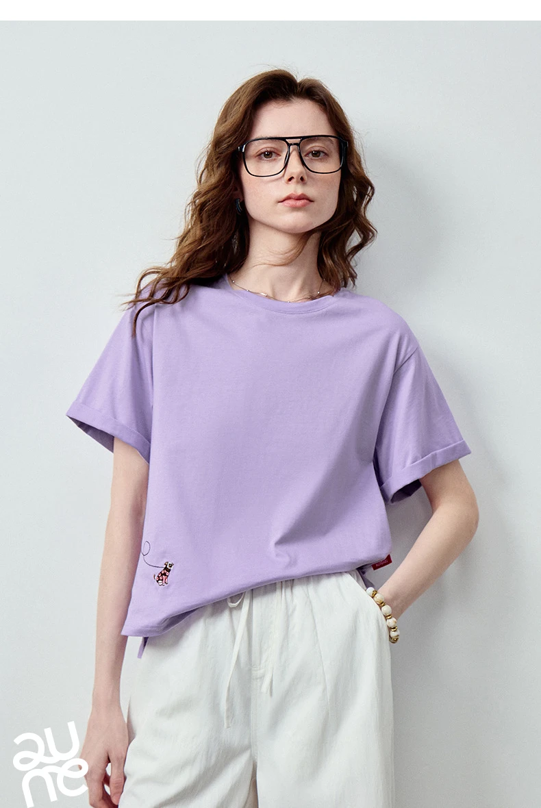 TOYOUTH Women's Cotton Dog Embroidery T-Shirt 2026 Summer New Asymmetric Short Sleeve Tee, Cute Animal Graphic