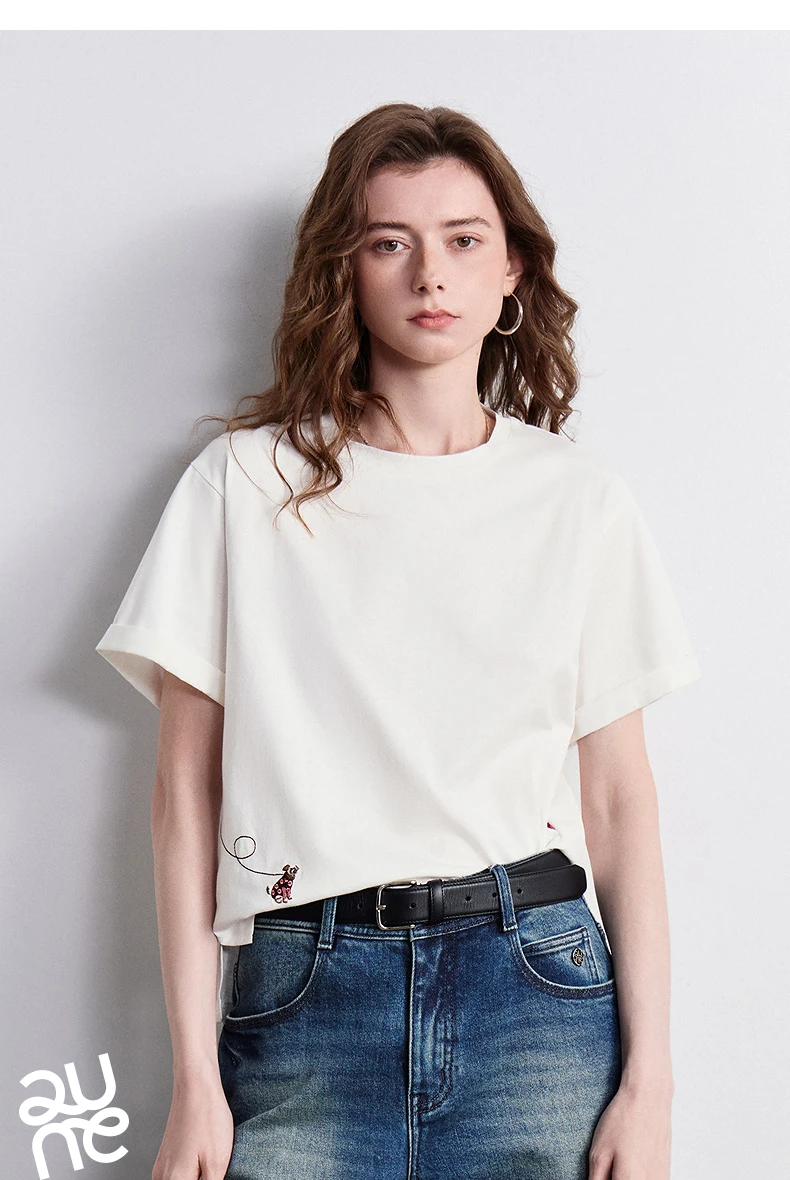TOYOUTH Women's Cotton Dog Embroidery T-Shirt 2026 Summer New Asymmetric Short Sleeve Tee, Cute Animal Graphic