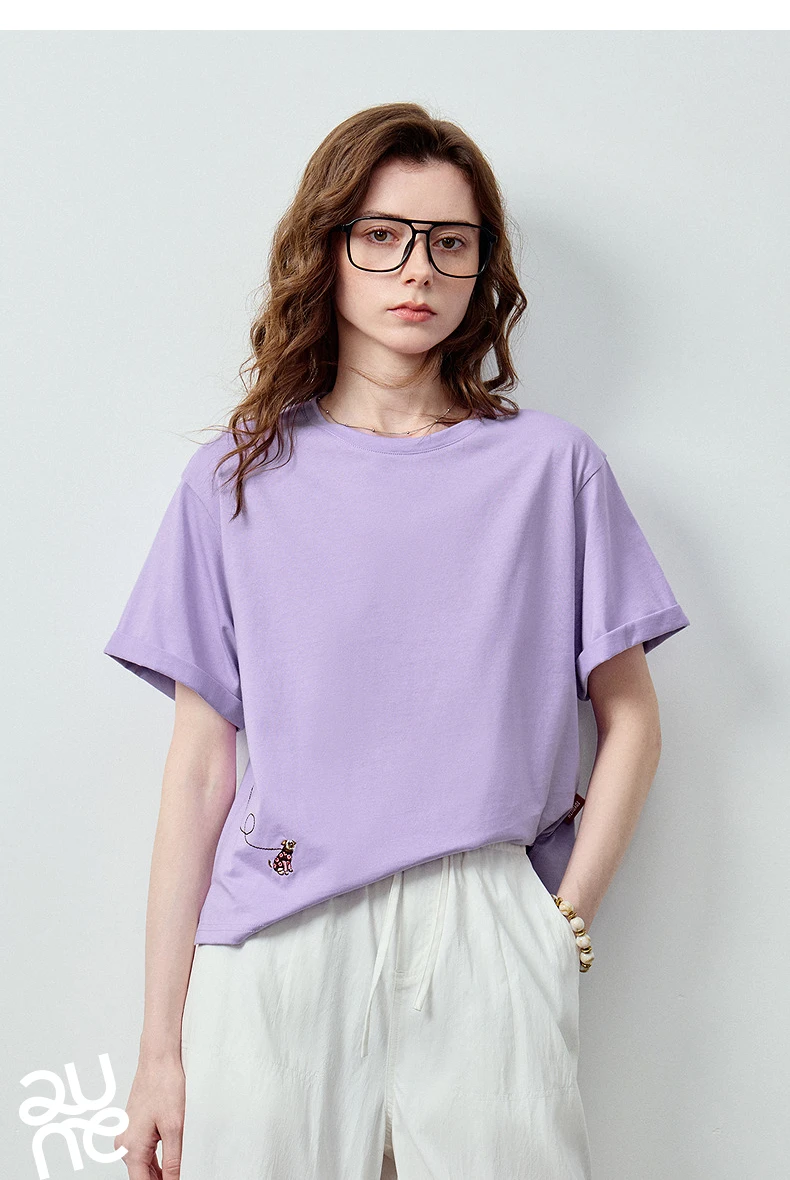TOYOUTH Women's Cotton Dog Embroidery T-Shirt 2026 Summer New Asymmetric Short Sleeve Tee, Cute Animal Graphic