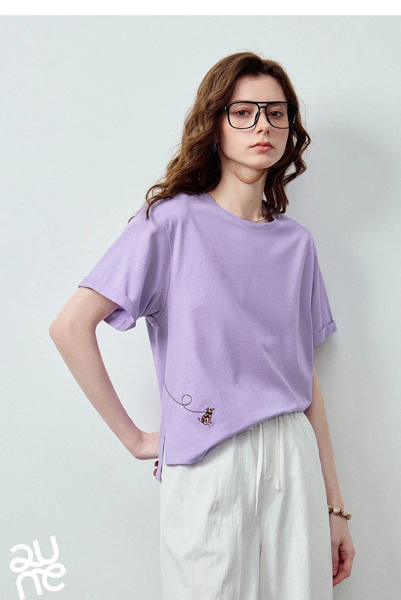TOYOUTH Women's Cotton Dog Embroidery T-Shirt 2026 Summer New Asymmetric Short Sleeve Tee, Cute Animal Graphic