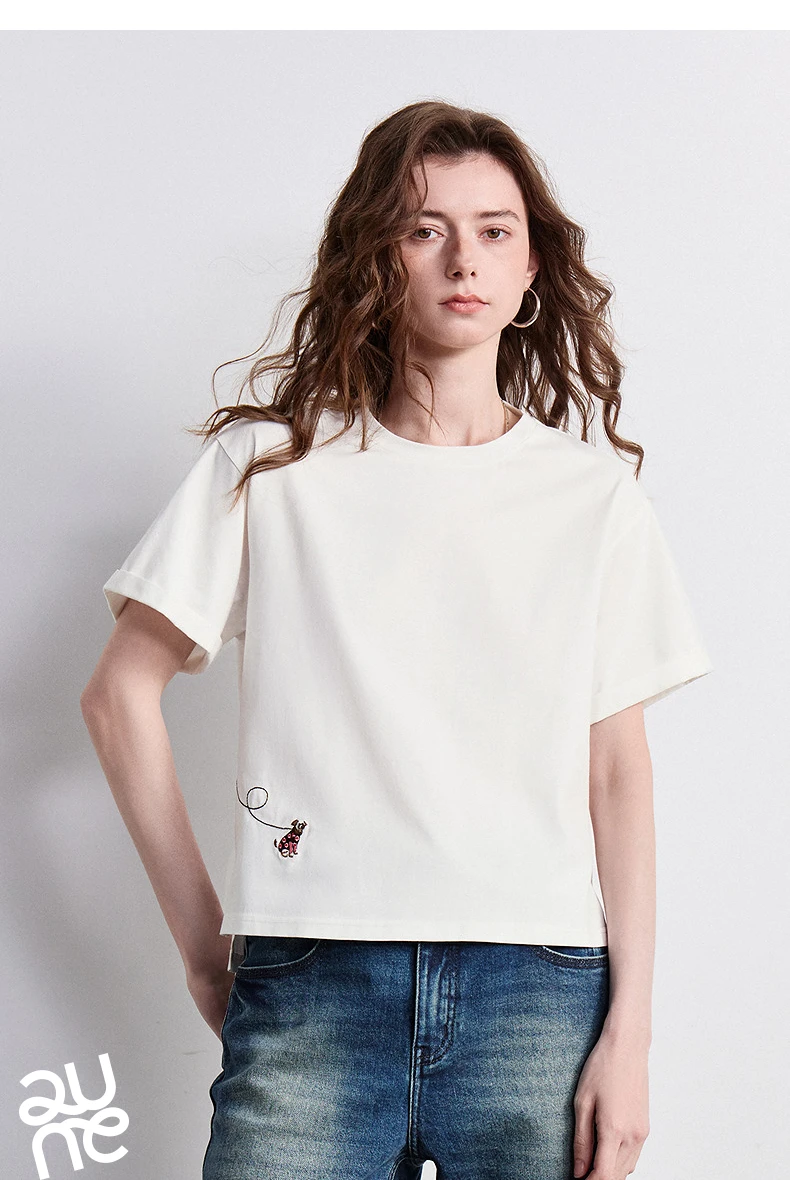 TOYOUTH Women's Cotton Dog Embroidery T-Shirt 2026 Summer New Asymmetric Short Sleeve Tee, Cute Animal Graphic