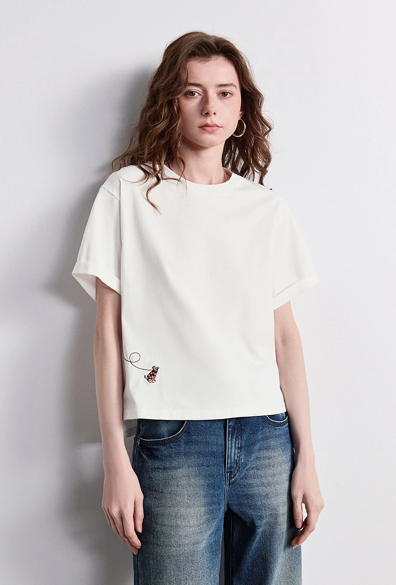 TOYOUTH Women's Cotton Dog Embroidery T-Shirt 2026 Summer New Asymmetric Short Sleeve Tee, Cute Animal Graphic