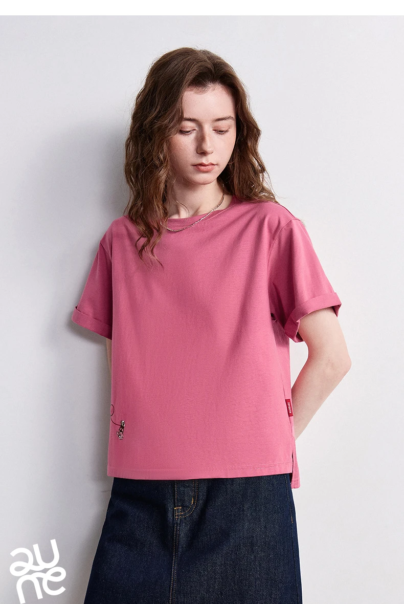 TOYOUTH Women's Cotton Dog Embroidery T-Shirt 2026 Summer New Asymmetric Short Sleeve Tee, Cute Animal Graphic