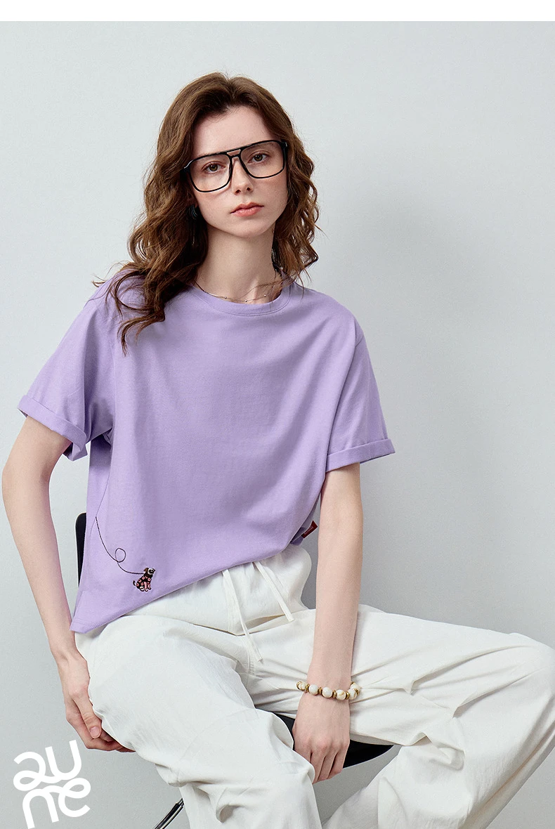 TOYOUTH Women's Cotton Dog Embroidery T-Shirt 2026 Summer New Asymmetric Short Sleeve Tee, Cute Animal Graphic