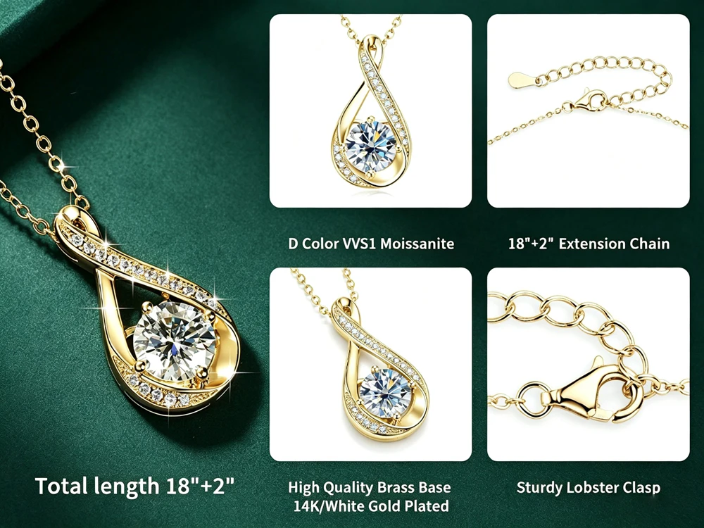 Lnngy 8MM 2.0CT Round Cut Moissanite Necklace 14K Gold Filled Infinity Pendant Necklace for Women Wedding Jewelry Gift