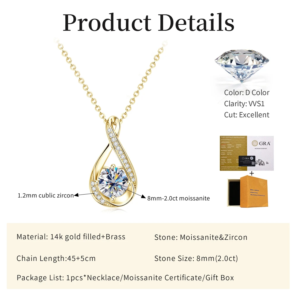 Lnngy 8MM 2.0CT Round Cut Moissanite Necklace 14K Gold Filled Infinity Pendant Necklace for Women Wedding Jewelry Gift