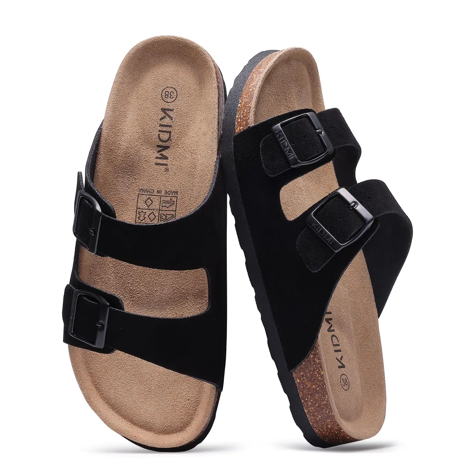 Litfun Summer Classic Women's Cork Sandals Cow Suede Slides With Arch Support Anti-slip Unisex Slippers With Adjustable Buckle