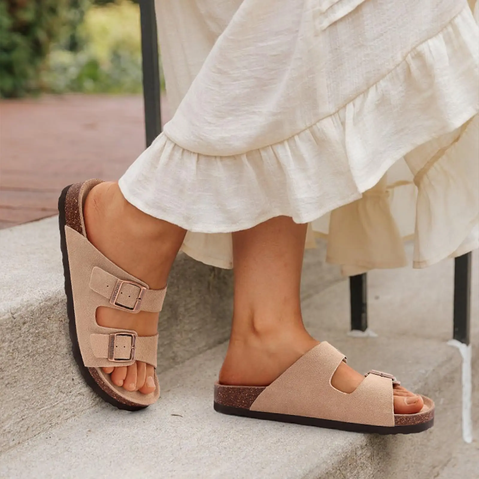 Litfun Summer Classic Women's Cork Sandals Cow Suede Slides With Arch Support Anti-slip Unisex Slippers With Adjustable Buckle