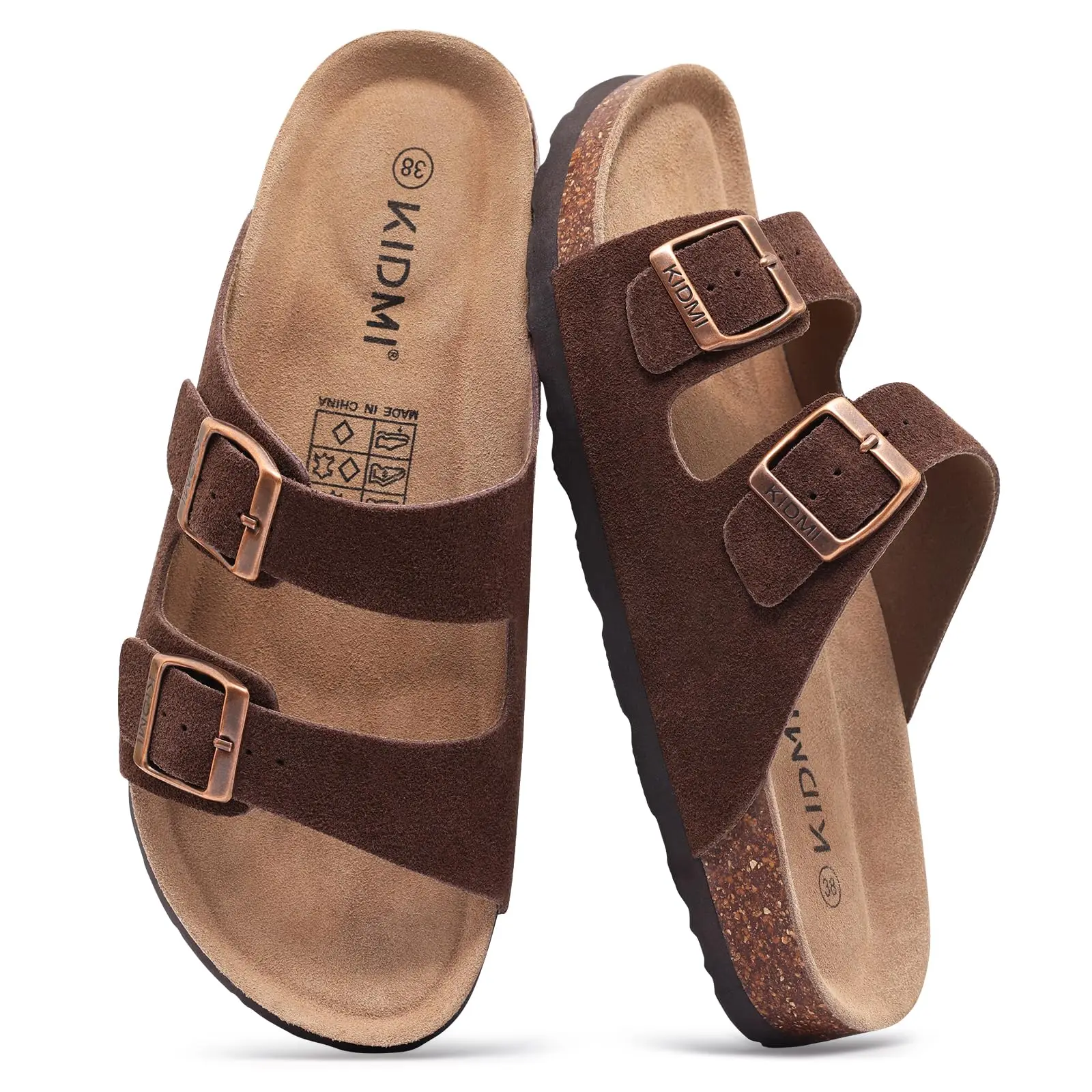 Litfun Summer Classic Women's Cork Sandals Cow Suede Slides With Arch Support Anti-slip Unisex Slippers With Adjustable Buckle