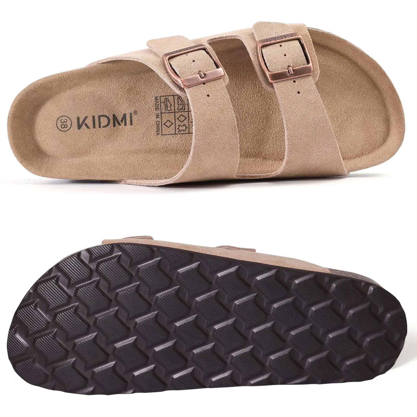 Litfun Summer Classic Women's Cork Sandals Cow Suede Slides With Arch Support Anti-slip Unisex Slippers With Adjustable Buckle
