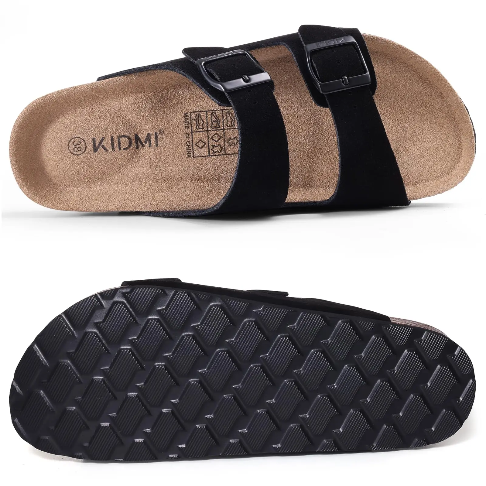 Litfun Summer Classic Women's Cork Sandals Cow Suede Slides With Arch Support Anti-slip Unisex Slippers With Adjustable Buckle