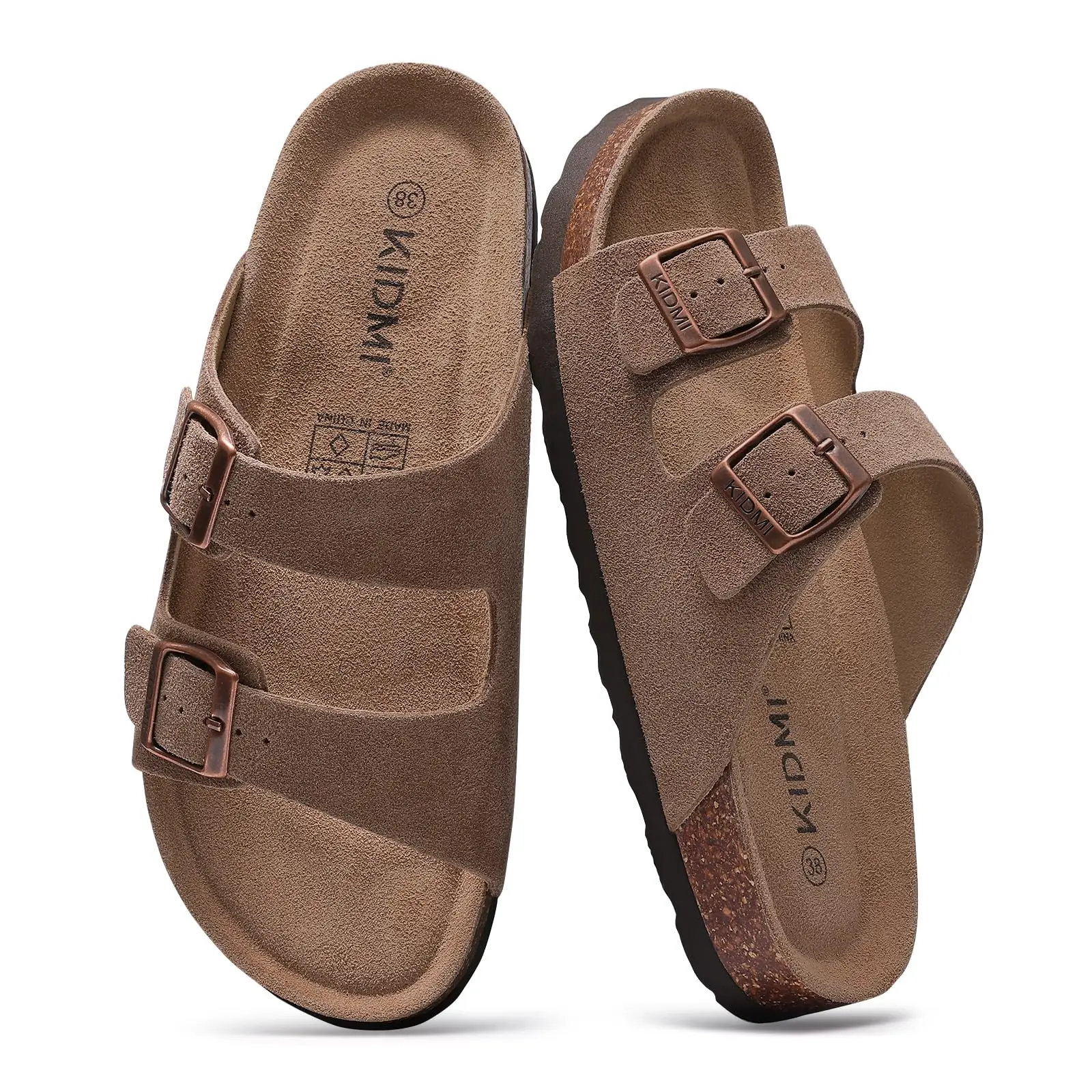 Litfun Summer Classic Women's Cork Sandals Cow Suede Slides With Arch Support Anti-slip Unisex Slippers With Adjustable Buckle