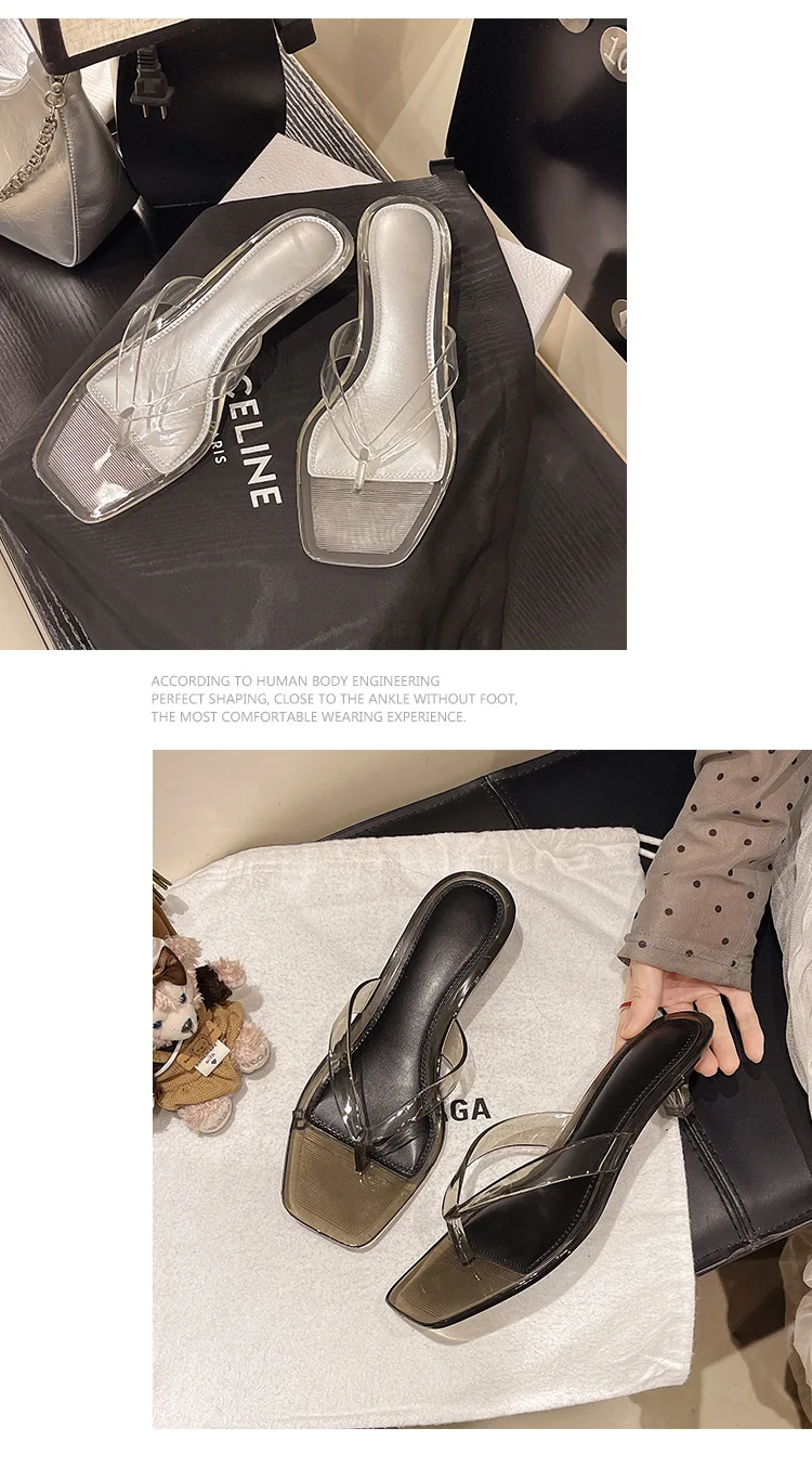 New French Chic Heeled Sandals Women's Clear PVC Straps Sheer Kitten Heel Open Toe Slip On Shoes Woman Delicate Toe Post Sandals