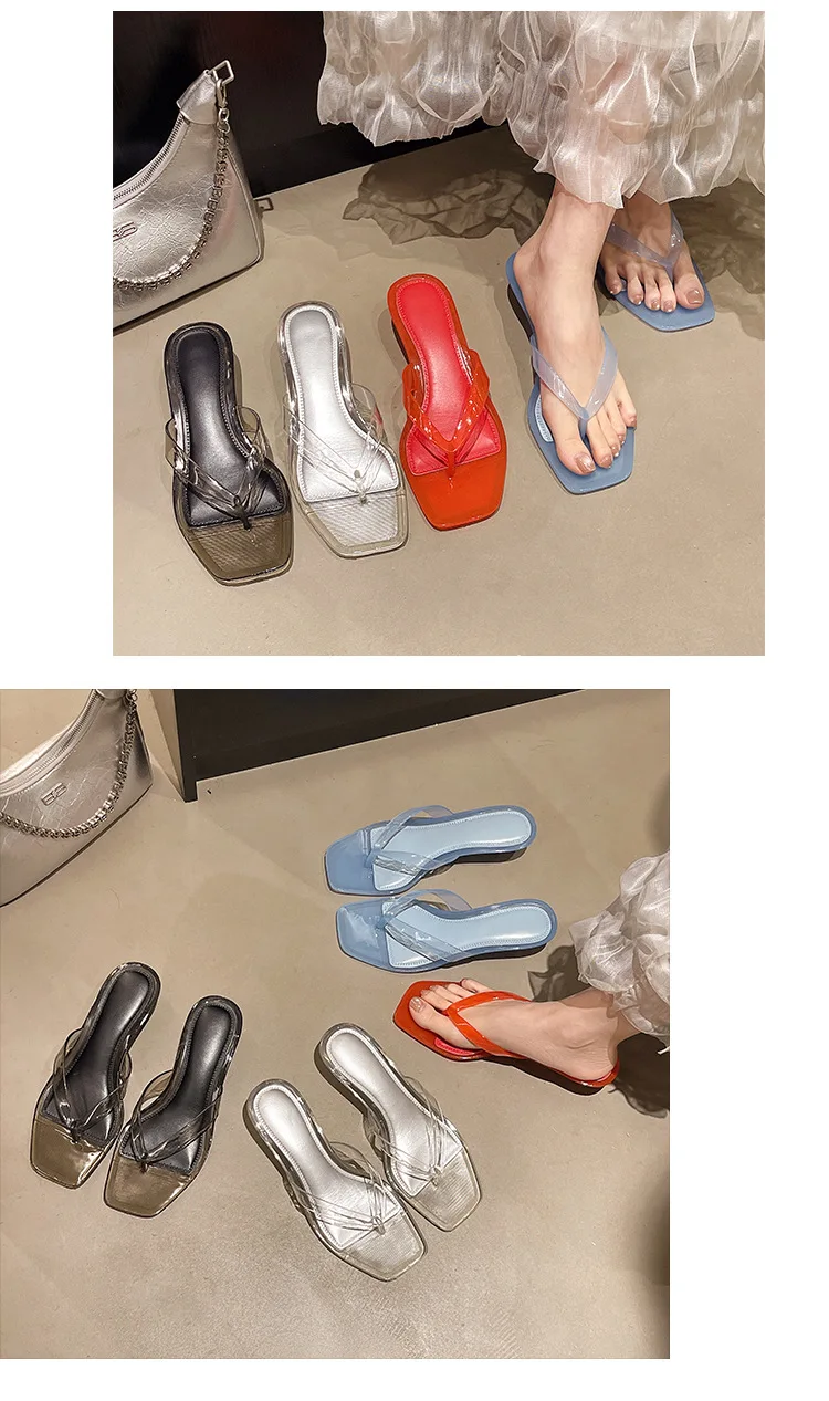 New French Chic Heeled Sandals Women's Clear PVC Straps Sheer Kitten Heel Open Toe Slip On Shoes Woman Delicate Toe Post Sandals