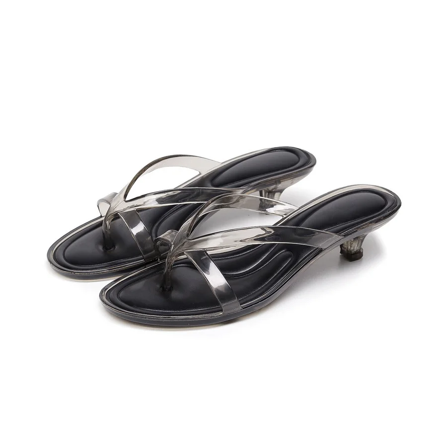 New French Chic Heeled Sandals Women's Clear PVC Straps Sheer Kitten Heel Open Toe Slip On Shoes Woman Delicate Toe Post Sandals