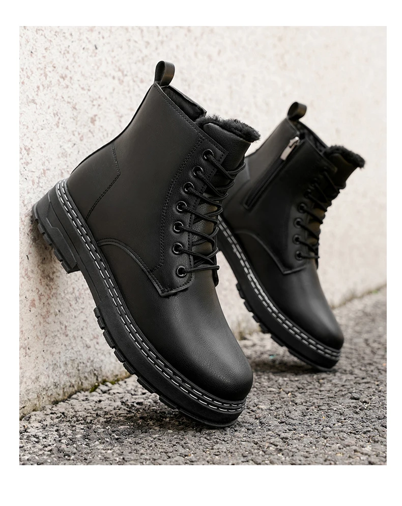 New Warm Thickened Black Men's Motorcycle Boots - Side Zipper, Comfortable, Versatile, Trendy Outdoor Street Hiking Boots