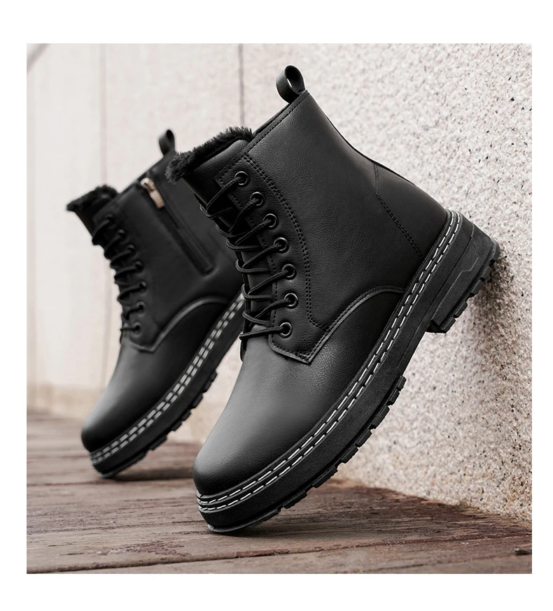 New Warm Thickened Black Men's Motorcycle Boots - Side Zipper, Comfortable, Versatile, Trendy Outdoor Street Hiking Boots