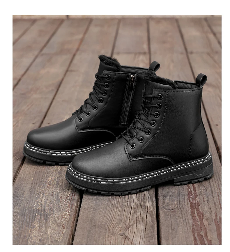 New Warm Thickened Black Men's Motorcycle Boots - Side Zipper, Comfortable, Versatile, Trendy Outdoor Street Hiking Boots