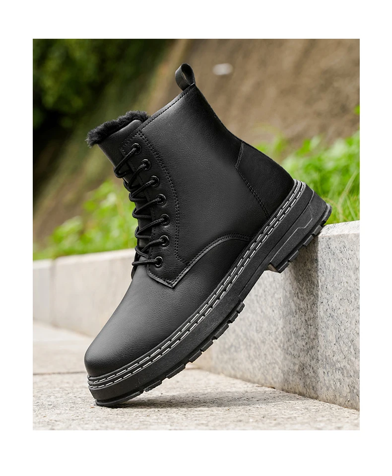 New Warm Thickened Black Men's Motorcycle Boots - Side Zipper, Comfortable, Versatile, Trendy Outdoor Street Hiking Boots