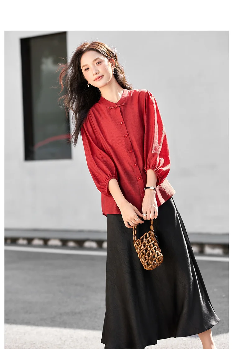 VIMLY Elegant Women Shirt 2026 Spring Autumn Chinese Style Lantern Sleeve Blouse for Woman Female Chiffion Tops A3002