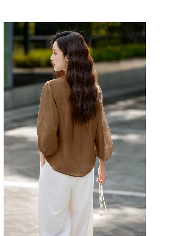 VIMLY Elegant Women Shirt 2026 Spring Autumn Chinese Style Lantern Sleeve Blouse for Woman Female Chiffion Tops A3002