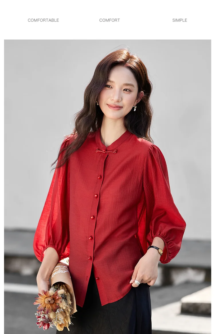 VIMLY Elegant Women Shirt 2026 Spring Autumn Chinese Style Lantern Sleeve Blouse for Woman Female Chiffion Tops A3002