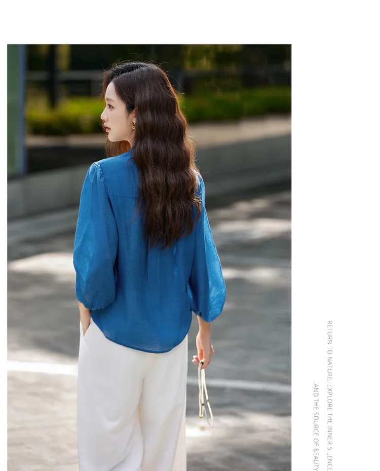 VIMLY Elegant Women Shirt 2026 Spring Autumn Chinese Style Lantern Sleeve Blouse for Woman Female Chiffion Tops A3002