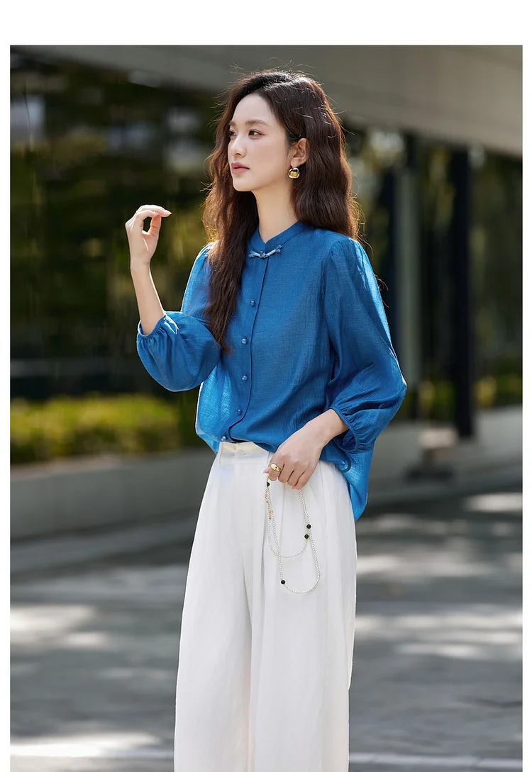 VIMLY Elegant Women Shirt 2026 Spring Autumn Chinese Style Lantern Sleeve Blouse for Woman Female Chiffion Tops A3002