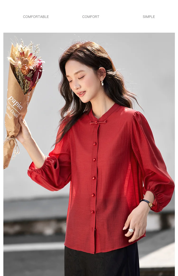 VIMLY Elegant Women Shirt 2026 Spring Autumn Chinese Style Lantern Sleeve Blouse for Woman Female Chiffion Tops A3002