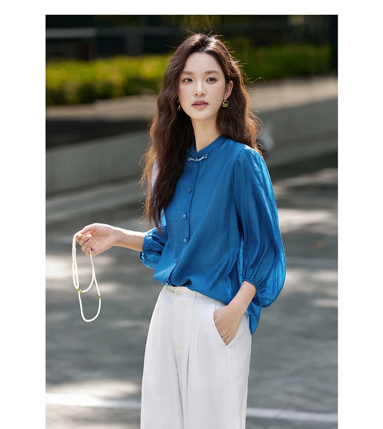 VIMLY Elegant Women Shirt 2026 Spring Autumn Chinese Style Lantern Sleeve Blouse for Woman Female Chiffion Tops A3002