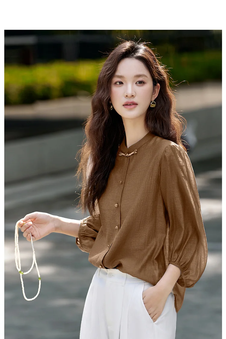 VIMLY Elegant Women Shirt 2026 Spring Autumn Chinese Style Lantern Sleeve Blouse for Woman Female Chiffion Tops A3002