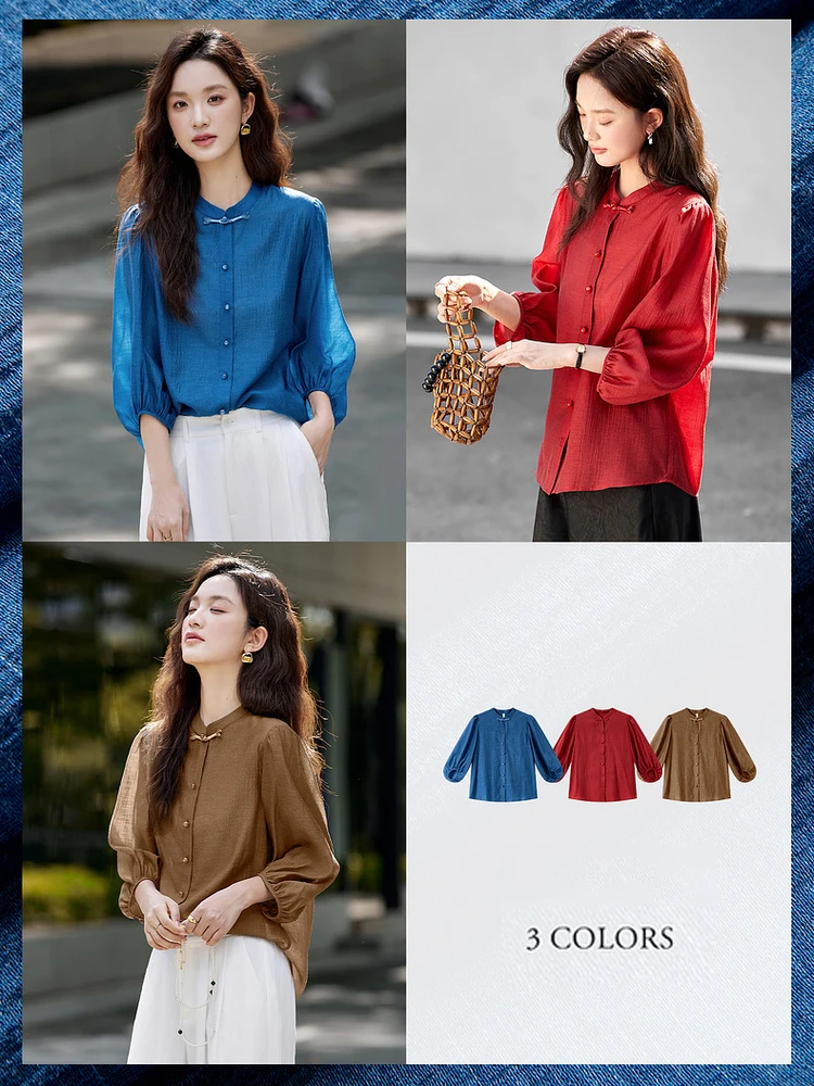 VIMLY Elegant Women Shirt 2026 Spring Autumn Chinese Style Lantern Sleeve Blouse for Woman Female Chiffion Tops A3002