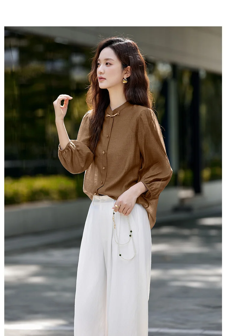 VIMLY Elegant Women Shirt 2026 Spring Autumn Chinese Style Lantern Sleeve Blouse for Woman Female Chiffion Tops A3002
