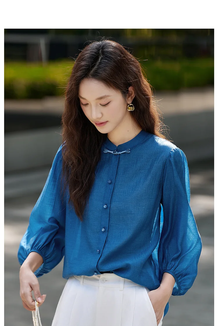 VIMLY Elegant Women Shirt 2026 Spring Autumn Chinese Style Lantern Sleeve Blouse for Woman Female Chiffion Tops A3002