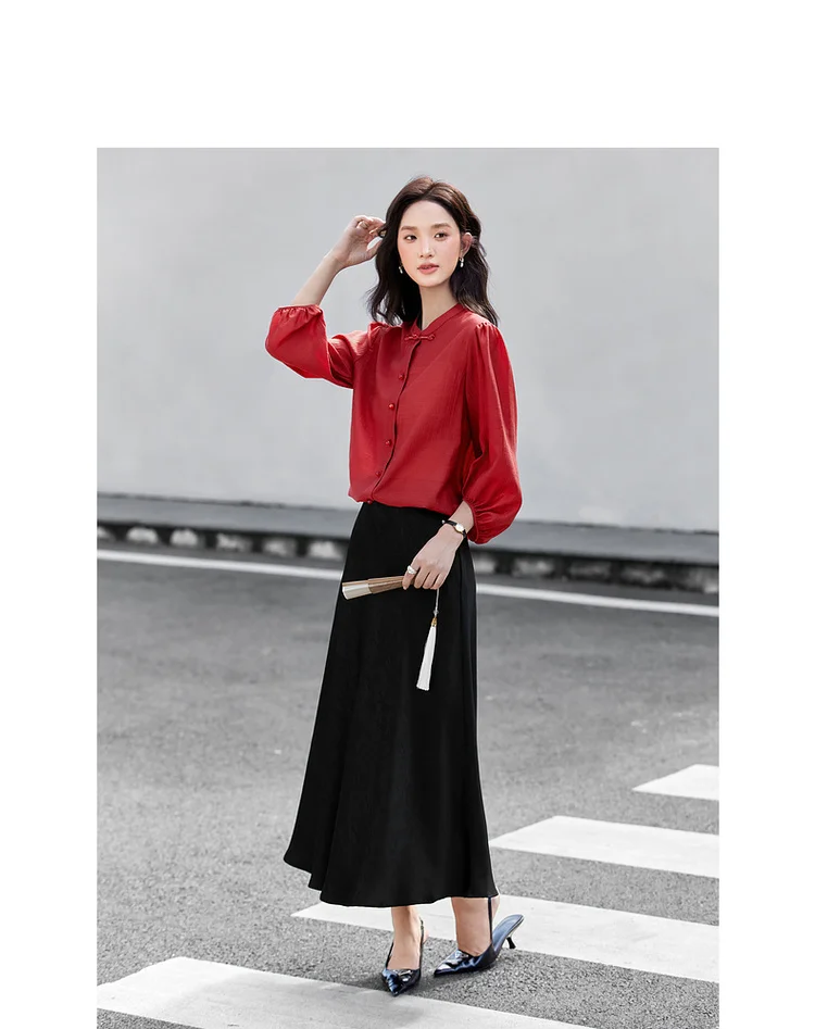 VIMLY Elegant Women Shirt 2026 Spring Autumn Chinese Style Lantern Sleeve Blouse for Woman Female Chiffion Tops A3002