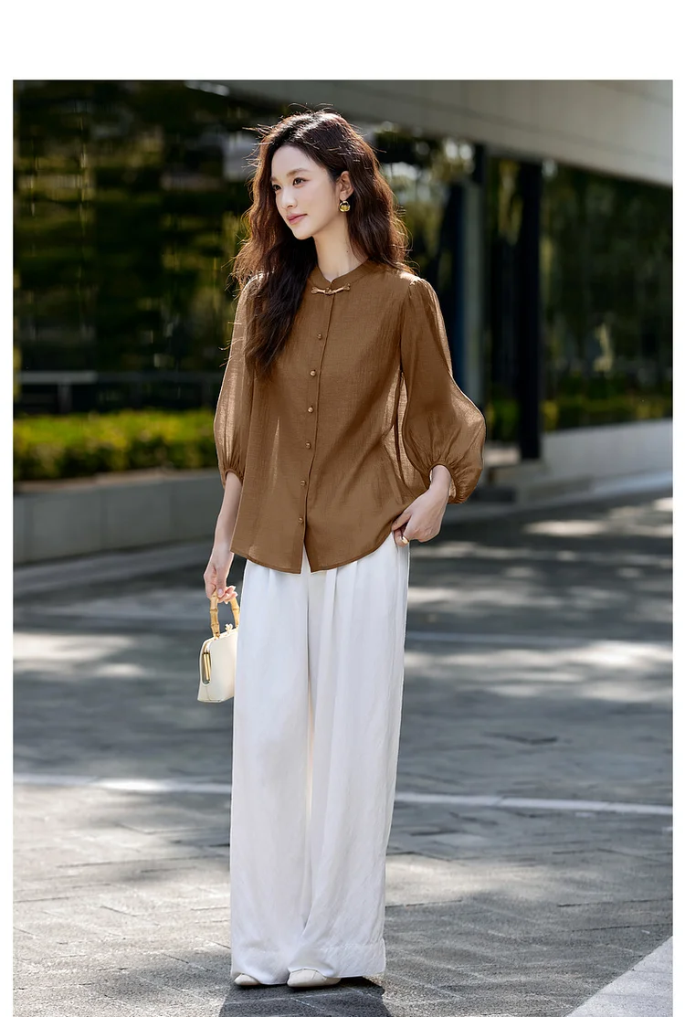 VIMLY Elegant Women Shirt 2026 Spring Autumn Chinese Style Lantern Sleeve Blouse for Woman Female Chiffion Tops A3002